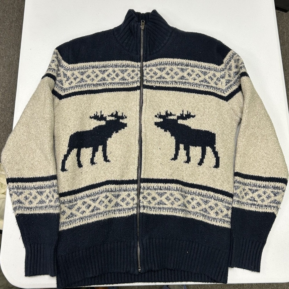 Abercrombie & Fitch Full Zip Sweater Mens Small Navy Moose Sherpa Lined Nordic